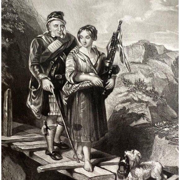 Blind Piper Scottish Bagpipes Engraving 1859 Victorian Highlands Music Art DWY5G - Picture 1 of 2